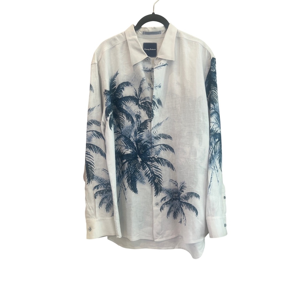 Tommy Bahama White Button-Down Shirt with Blue Palm Print